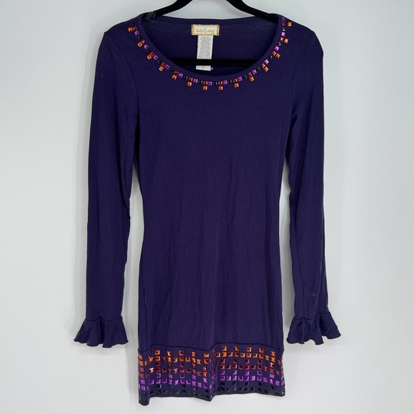 Baby Phat Y2K Ribbed Flare Ruffle Sleeve U Neck Bedazzled Mini Dress - Picture 1 of 4
